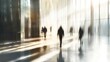 © yj - Long exposure shot of people walking in an office building, in the style of natural lighting. generative AI