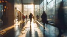 Long exposure shot of people walking in an office building, in the style of natural lighting. generative AI