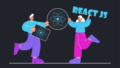 React JS, React Native mobile app development concept in a modern flat style, icons, logo. Flat stock vector illustration.