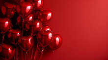 Ballons De Baudruche De Couleurs Rouge, Sur Fond Rouge. Espace Vide De Composition. Ambiance Romantique, Anniversaire, Saint-Valentin, Amour. Pour Conception Et Création Graphique.