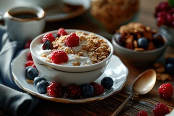 Wall Mural - A delicious bowl of yogurt topped with fresh berries and crunchy granola. Perfect for a healthy breakfast or snack