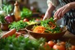 A person carefully combines a variety of vibrant, fresh vegetables from their own garden, creating a delicious and nutritious vegan salad in an indoor kitchen