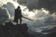A brave warrior stands atop a misty mountain, his sword gleaming in the sunlight as he gazes out at the vast expanse of sky and clouds before him