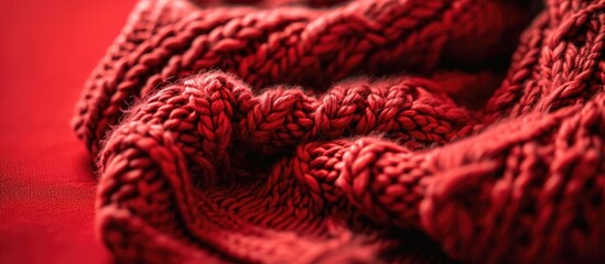 Wall Mural - Close-up of a red knitted sweater on a red background, with copy space.