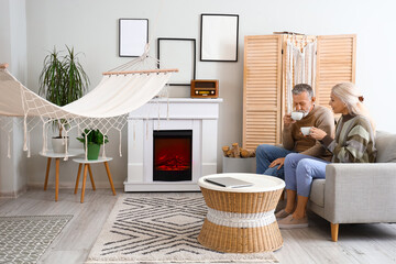 Sticker - Mature couple drinking tea near fireplace at home