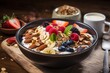 Creating a balanced diet with a bowl of muesli, packed with oats, fruits, nuts, seeds and served with yogurt