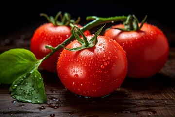 An organic, ripe tomato, dew-kissed and fresh from the garden, resting on a weathered wooden table amidst a green backdrop