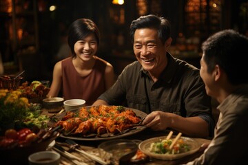 Wall Mural - Multi generational asian family chatting while having dinner at home