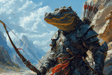Fototapeta  - illustration of a crocodile soldier carrying an arrow