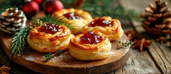 Wall Mural - Cheese and jam puff pastry wheels, Christmas appetizers on a wooden board.
