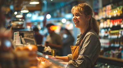 Portrait of smiling young woman in apron standing at counter in shopping mall