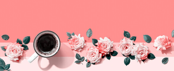 Poster - Coffee with pink roses overhead view - flat lay