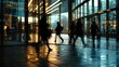 © yj - business scene with people walking with blurred background in indoor business building, dark gray and light amber, contemporary glass window, busy street. generative AI