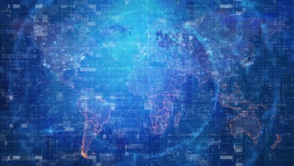 Digital concept binary code animation with computer programming and world map.