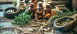 Organic herbal alternative medicine for health and well-being, with natural ingredients, oils, and nutritious capsules.