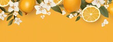 Border With Lemon Fruits Citrus Flowers And Branches On Orange Background. Floral Frame With Tropic Fruits. Watercolor Summer Or Spring Template With Copy Space. Tropical Vintage Card, Banner, Mockup