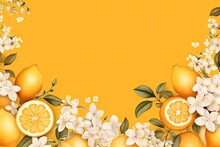 Border With Lemon Fruits Citrus Flowers And Branches On Orange Background. Floral Frame With Tropic Fruits. Watercolor Summer Or Spring Template With Copy Space. Tropical Vintage Card, Banner, Mockup