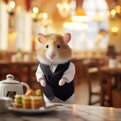 Canvas Print - A hamster in a vest and tie standing next to a plate of food. Generative AI.