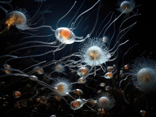 Sticker - A group of jellyfishs floating in the water. Generative AI.