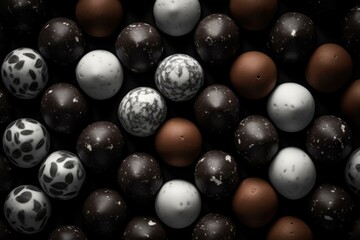 Canvas Print - A large group of chocolate eggs on a black background. Generative AI.