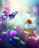 Fototapeta Kwiaty - Beautiful wildflowers chamomile, wild peas, butterfly