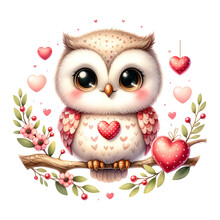 Owl With Hearts, Sitting On A Branch With Berry Decorations