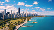 Chicago skyline aerial drone view from above, lake Michigan and city of Chicago downtown
