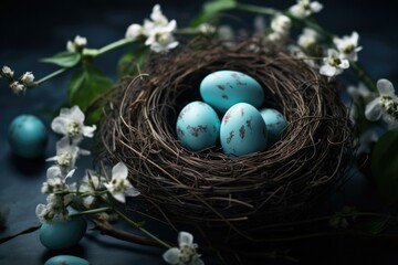 Canvas Print - Easter eggs in a nest with flowers on dark background. Generative AI.