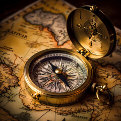 Canvas Print - Vintage map with a compass and magnifying glass.