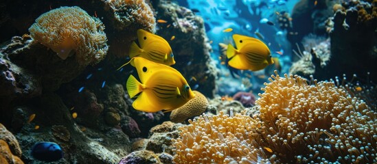 Wall Mural - Vibrant yellow fish thrive in the stunning coral reef of the underwater world.