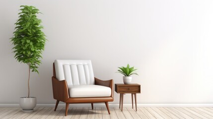 Wall Mural - Modern mid century and minimalist interior of living room ,leather armchair with table on white wall and wood floor ,3d render