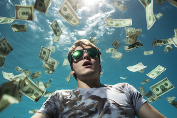 man swimming in money, mone, wealth, swimming money