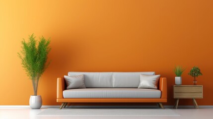 Simple minimal Nordic style interior with orange leather sofa and decoration minimal on two tone wall.3d rendering