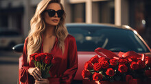 Woman In Red Near Red Car With Roses,  Businesswoman, Beautiful Blonde Sexy Fashion Model In The Sunglasses In The  City, Valentine Day, 8 March, Birthday Flowers, International Women Day, Big Bouquet