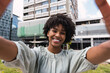 © BUDDHA - Portrait, selfie smile and happy black woman taking pictures to remember memory, social media or profile picture. Face, beauty and female from South Africa talking photo outdoors in nature or park