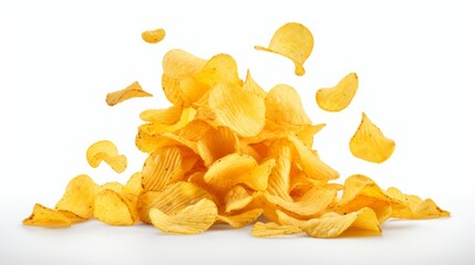 Wall Mural - Crispy Potato chips fly out of yellow bag isolated on white background, Potato chips on white With clipping path. isolated on white background,. Created using Generative AI Technology