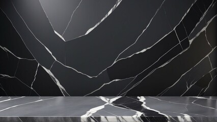 Empty grey marble tabletop with dark black cement stone background