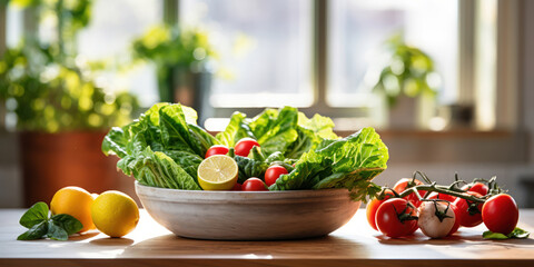 Wall Mural - Bowl of leafy greens and ripe veggies on a sunny kitchen counter