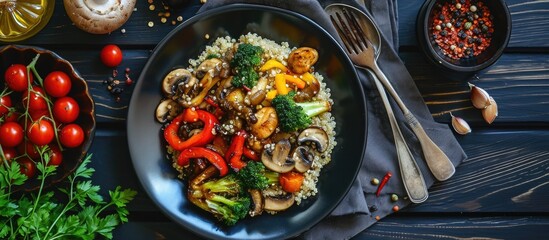 A flat lay view of a black plate with quinoa, stir-fried vegetables, and mushrooms on a dark wooden table.