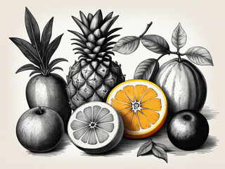 Wall Mural - Colorful Fruit Cocktail Mix - A vibrant illustration of assorted fruits and citrus in a vintage monochrome ink sketch Gen AI