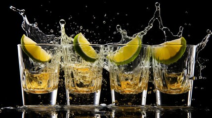 Canvas Print - Glasses shot of tequila making toast with splash isolated on trasparent or white background, png isolated on white background,. Created using Generative AI Technology