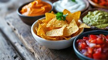 Tortilla Chips And Dips On Wooden Table
