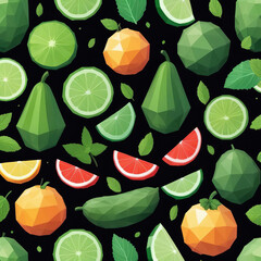 Wall Mural - Vibrant Low-Poly Fruit and Citrus Illustration with Refreshing Cucumber and Mint Gen AI