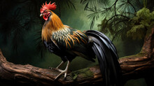 Majestic Rooster Is Colorful, Iridescent Feathers, Proud Stance With A Vibrant Red Comb And Wattle, Sharp Beak, Crowing Confidently At Dawn.