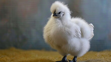 Fluffy Silkie Chicken Is Small, Fluffy Feathers Like Soft Clouds, Distinct Black Skin, Gentle Demeanor, And Dark, Expressive Eyes, Resembling A Walking Puffball.