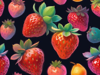 Wall Mural - Vibrant Citrus Delight - Succulent ripe strawberries and neon glow fruit illustration in impressionist rendering Gen AI