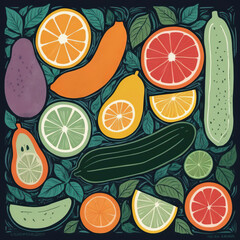 Wall Mural - Vibrant Citrus and Cool Cucumber - Abstract expressionist fruit and botanical linocut print with refreshing cucumber and mint Gen AI