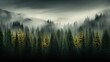 Glimpse of dense foggy woodland with towering trees, aerial perspective of foggy forest with pine trees in the mountains in deep green shades