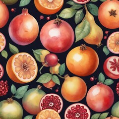 Wall Mural - Colorful and Tangy - A Whimsical Illustration of Grapefruits and Pomegranates in Vibrant Watercolor Gen AI