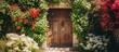Wood door surrounded by ivy, red mandevilla, and white hydrangea flowers.